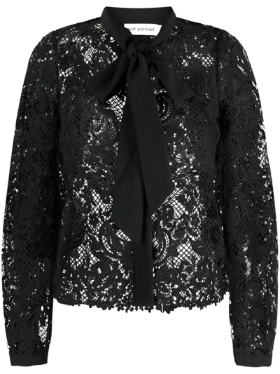 Self-portrait Tie-bow Long-sleeve Lace Shirt In Black