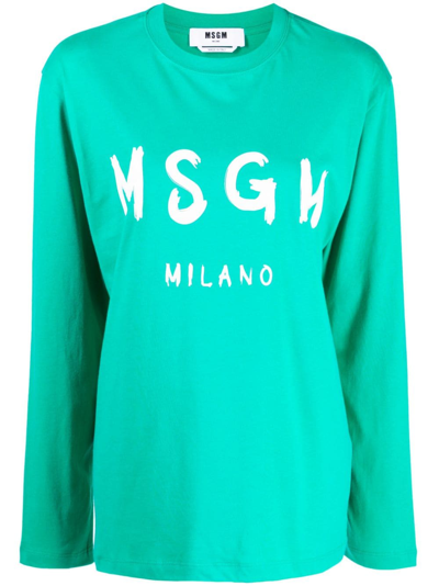Msgm Logo-print Long-sleeve T-shirt In Grün