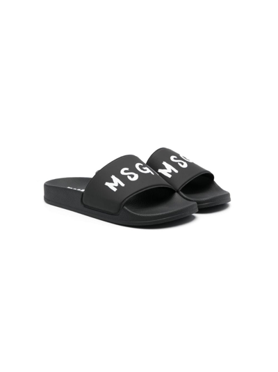 Msgm Kids' Logo Print Rubber Slide Sandals In Black,white