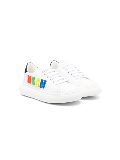 Msgm Kids' Embroidered Logo Leather Sneakers In White