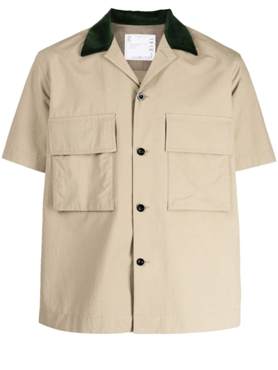 Sacai Contrasting-collar Taffeta Shirt In Brown