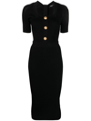 BALMAIN BUTTON-EMBELLISHED RIBBED-KNIT DRESS