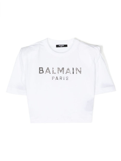 Balmain Kids' Rhinestone-embellished Logo-print T-shirt In White