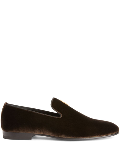 Giuseppe Zanotti G-flash Velvet Loafers In Brown