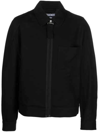 Jacquemus Black Zip-up Jacket With Tonal Logo Embroidery In Polyamide Man