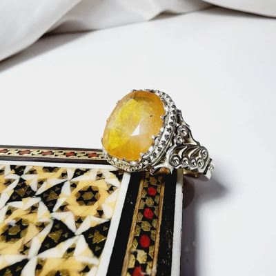 Pre-owned Handmade Real Pukhraj Stone Sterling Silver Ring Natural Yellow Ceylon Sapphire Ring Mens