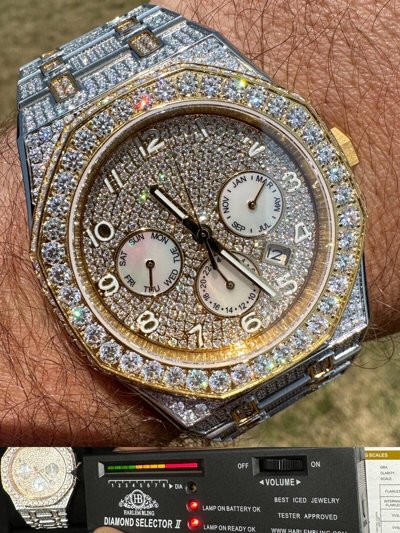 Pre-owned Hip Hop Real Moissanite Mens Watch Gold Two Tone Iced Skeleton Back  Pass Tester