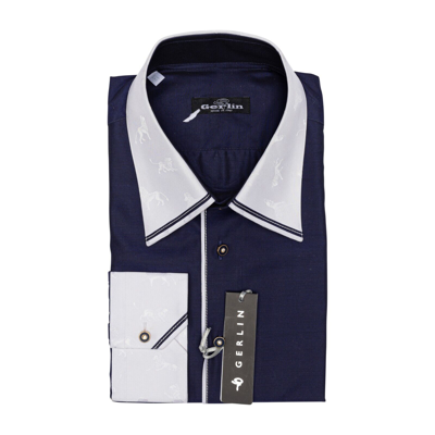 Pre-owned Gerlin 750$ Luxury  Shirt "lions" Blue Alumo Cotton 16 - 41 6a Bijan