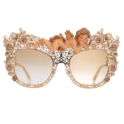 Pre-owned Dolce & Gabbana Dg 2219 Filigree Crystal Baroque Angel Sunglasses Gold 12746