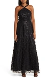 ELIZA J FLOATING FLOW FLORAL SEQUIN HALTER BALLGOWN