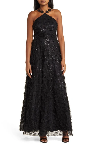 Eliza J Floating Flow Floral Sequin Halter Ballgown In Black