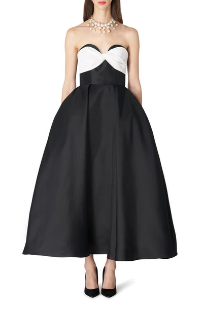Carolina Herrera Strapless Silk-gazar Tea-length Dress In Blackwhite