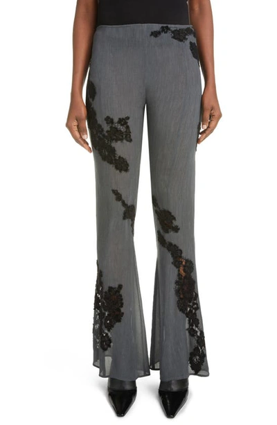 Acne Studios Lace Appliqué Georgette Flare Leg Pants In Dusty Grey