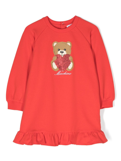 Moschino Babies' Teddy Bear-print Ruffle-trim Dress In Red