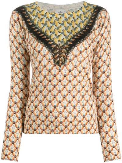 Etro Cashmere Micro-floral Knit Top In Orange