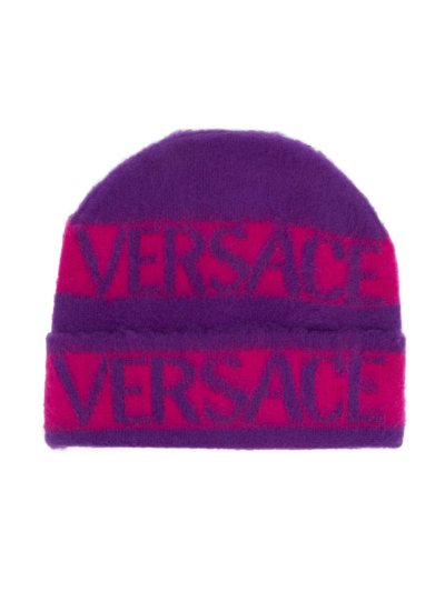 Versace Kids' Logo-print Virgin Wool Beanie In Purple