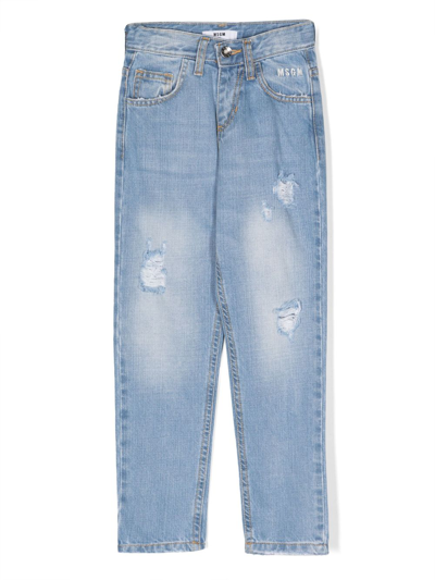 Msgm Kids' Logo-embroidered Ripped-detail Jeans In Blue