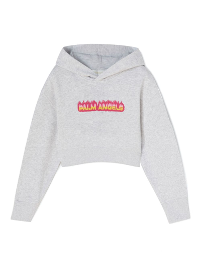 Palm Angels Kids' Flames Logo-print Cotton Hoodie In Gray