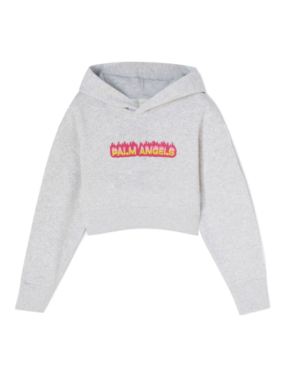 Palm Angels Kids' Flames Logo印花棉连帽衫 In Grey