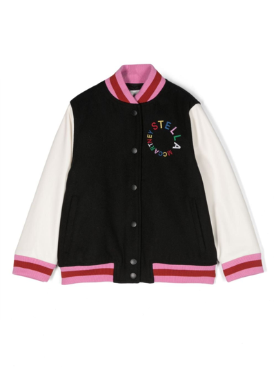 Stella Mccartney Kids' Black Logo-embroidered Bomber Jacket In Black,pink