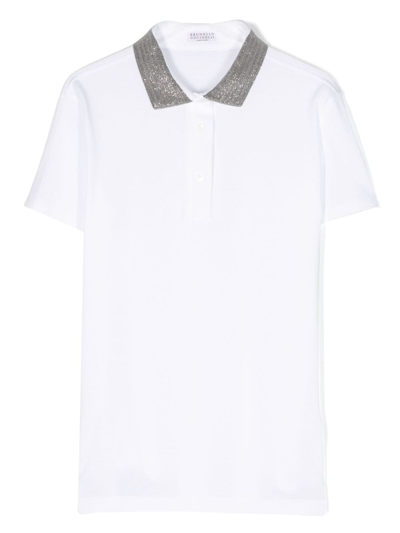 Brunello Cucinelli Kids' Monili-bead Cotton Polo Shirt In White