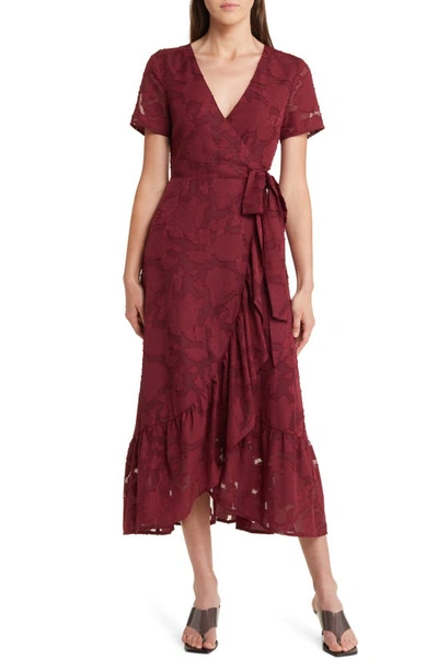 Lulus Blissfully Burgundy Jacquard Short Sleeve Wrap Midi Dress