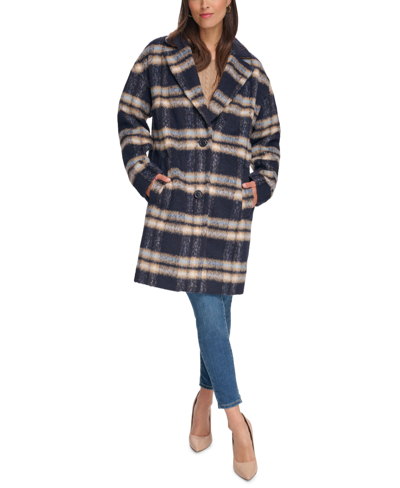 Tommy Hilfiger Women's Single-breasted Plaid Notch-neck Coat In Navy Plaid