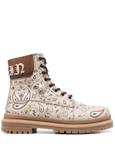 Philipp Plein Paisley-print Leather Ankle Boots In Neutrals