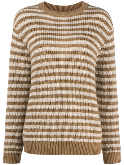 Brunello Cucinelli Striped Knitted Jumper In Neutrals