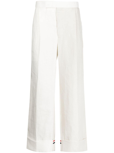 Thom Browne Turn-up Linen Trousers In White
