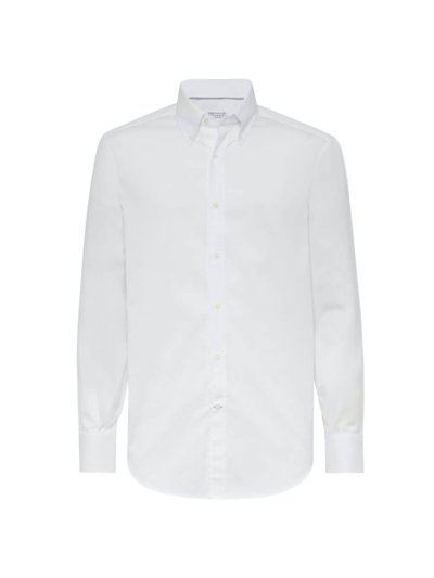 Brunello Cucinelli Men's Twill Basic Fit Shirt With Button-down Collar In White