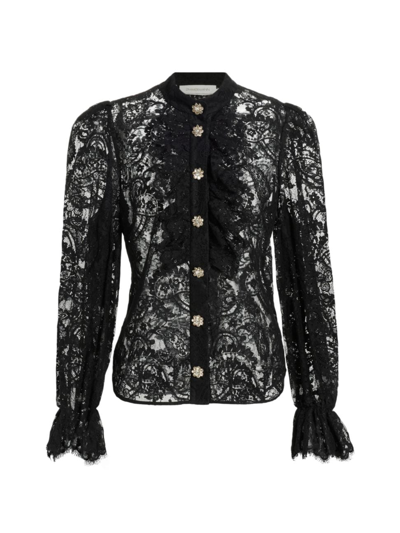 Zimmermann Floral-lace Band-collar Blouse In Black