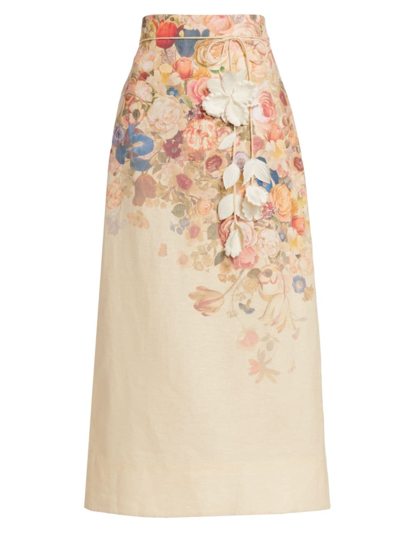 Zimmermann 花卉印花亚麻中长半身裙 In Morisot Cream Print