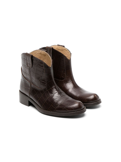 Bonpoint Kids' Brown Crocodile Embossed Leather Ankle Boots