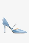 JIMMY CHOO AURELIE 85 PEARL EMBELLISHED PUMPS IN PATENT LEATHER