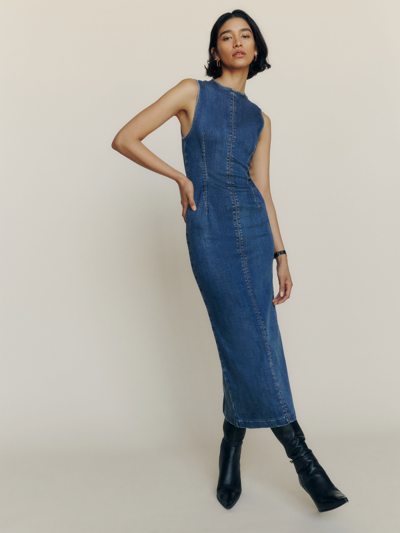 Reformation Kendi Denim Midi Dress In Bleu