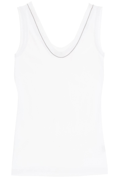 Brunello Cucinelli Ribbed Tank Top With Shiny Collar In Bianco (white)
