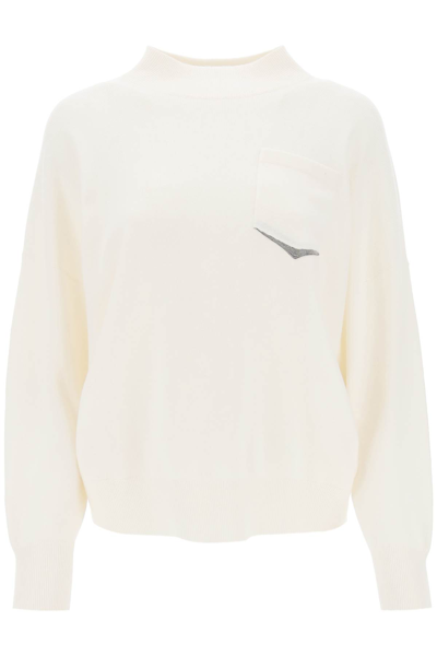 Brunello Cucinelli Cashmere Sweater With Pocket In Bianco (white)