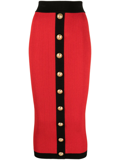 BALMAIN BUTTONED KNIT MIDI SKIRT