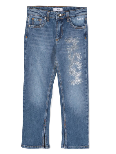 Msgm Kids' Crystal-embellished Straight-leg Jeans In Blue