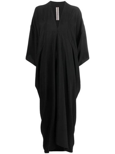 Rick Owens V-neck Pleated Long Dress In Black