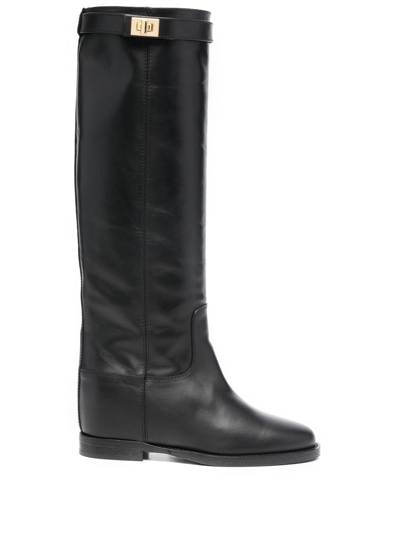 Via Roma 15 Black Calf Leather Boots In Brown