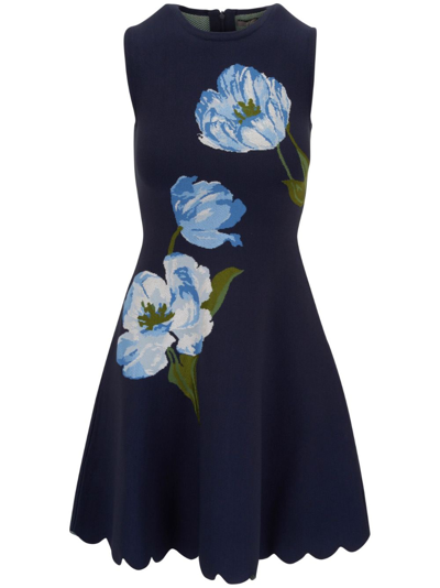 Lela Rose Floral-embroidered Sleeveless Dress In Blue