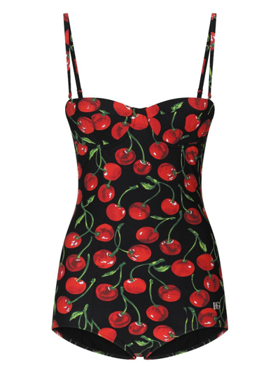 Dolce & Gabbana Cherry-print Balconette One-piece Swimsuit In Black
