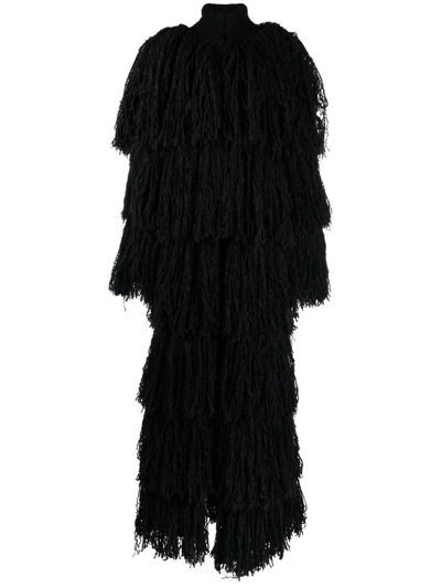 Saint Laurent Fringed Long Coat In Schwarz