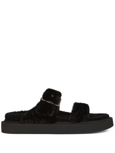 Giuseppe Zanotti Furry Buckled Sheepskin Slides In Schwarz