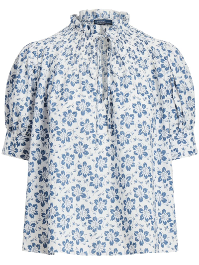 Polo Ralph Lauren Floral-print Frilled-collar Blouse In Weiss
