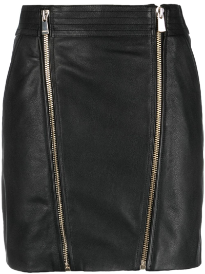 Pinko Zip-up Leather Miniskirt In Limo Black