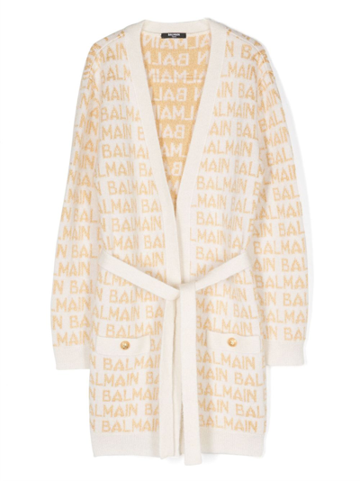 Balmain Logo-intarsia Belted Cardigan In Nude