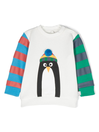 Stella Mccartney Babies' Penguin-print Striped Cotton Sweatshirt In Weiss